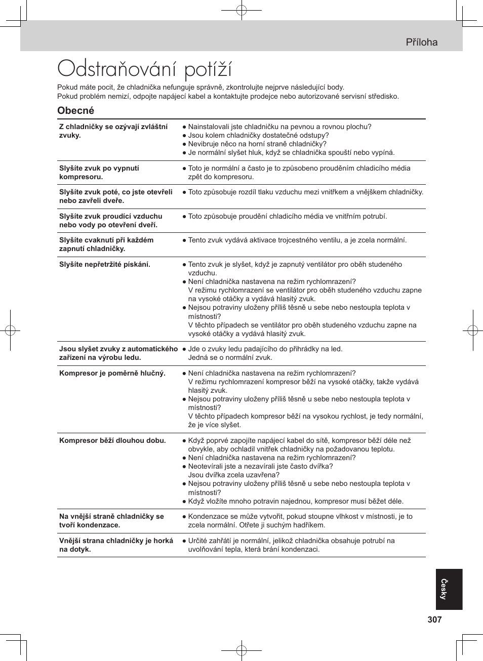 Odstraňování potíží, Příloha, Obecné | Panasonic NRB54X1 User Manual | Page 307 / 316