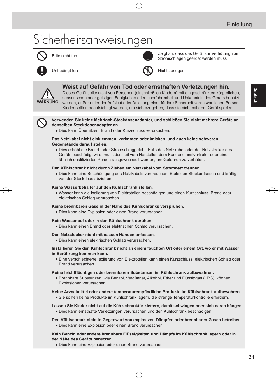 Sicherheitsanweisungen, Einleitung | Panasonic NRB54X1 User Manual | Page 31 / 316