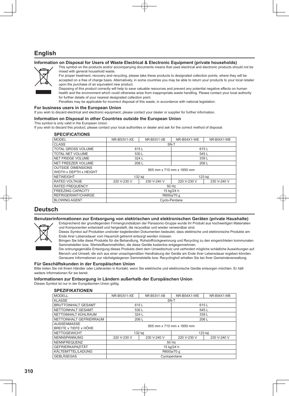 English, Deutsch | Panasonic NRB54X1 User Manual | Page 310 / 316