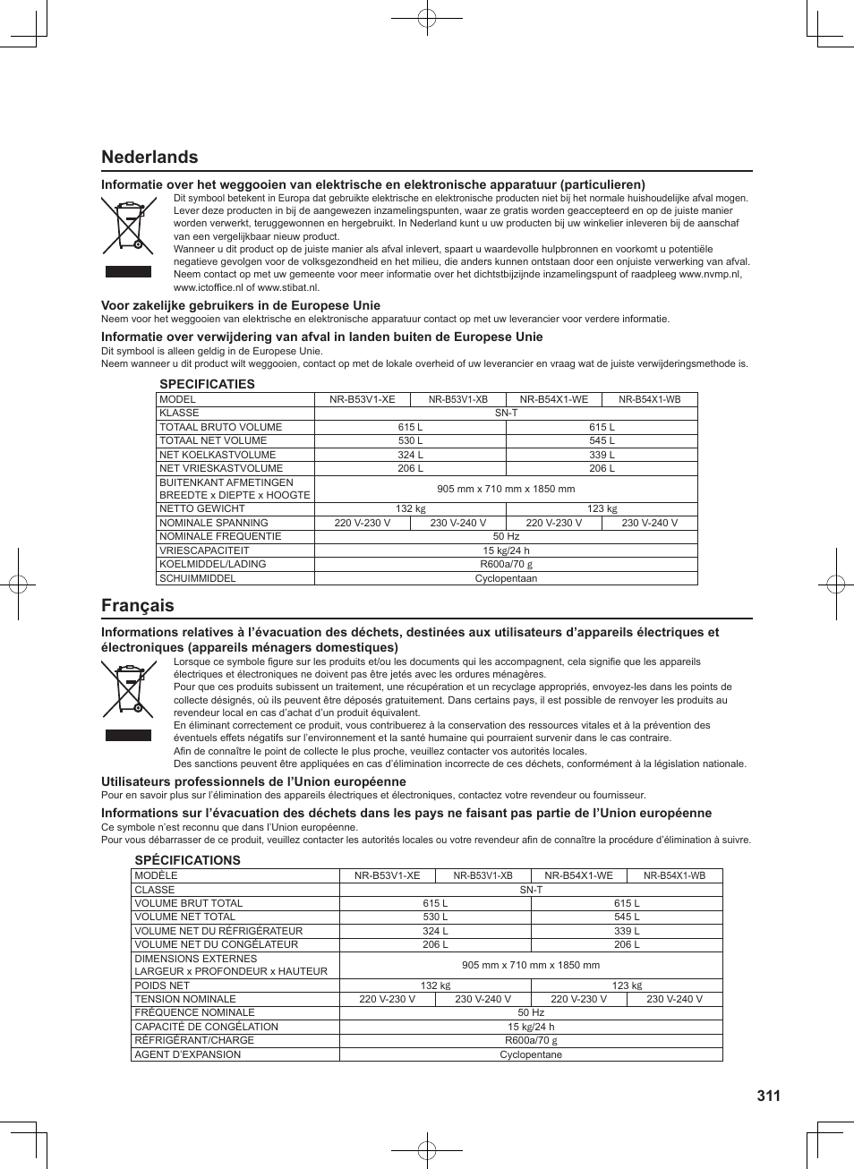 Nederlands, Français | Panasonic NRB54X1 User Manual | Page 311 / 316