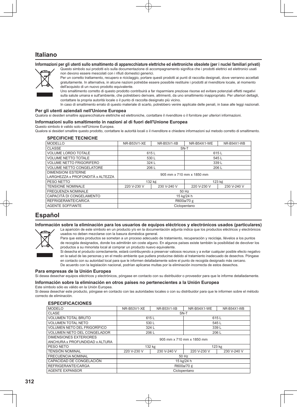 Italiano, Español | Panasonic NRB54X1 User Manual | Page 312 / 316