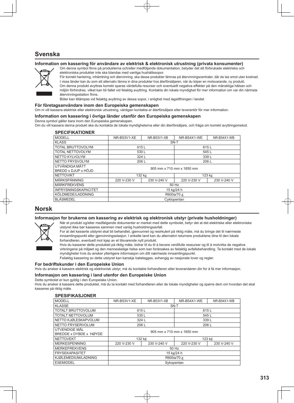 Svenska, Norsk | Panasonic NRB54X1 User Manual | Page 313 / 316