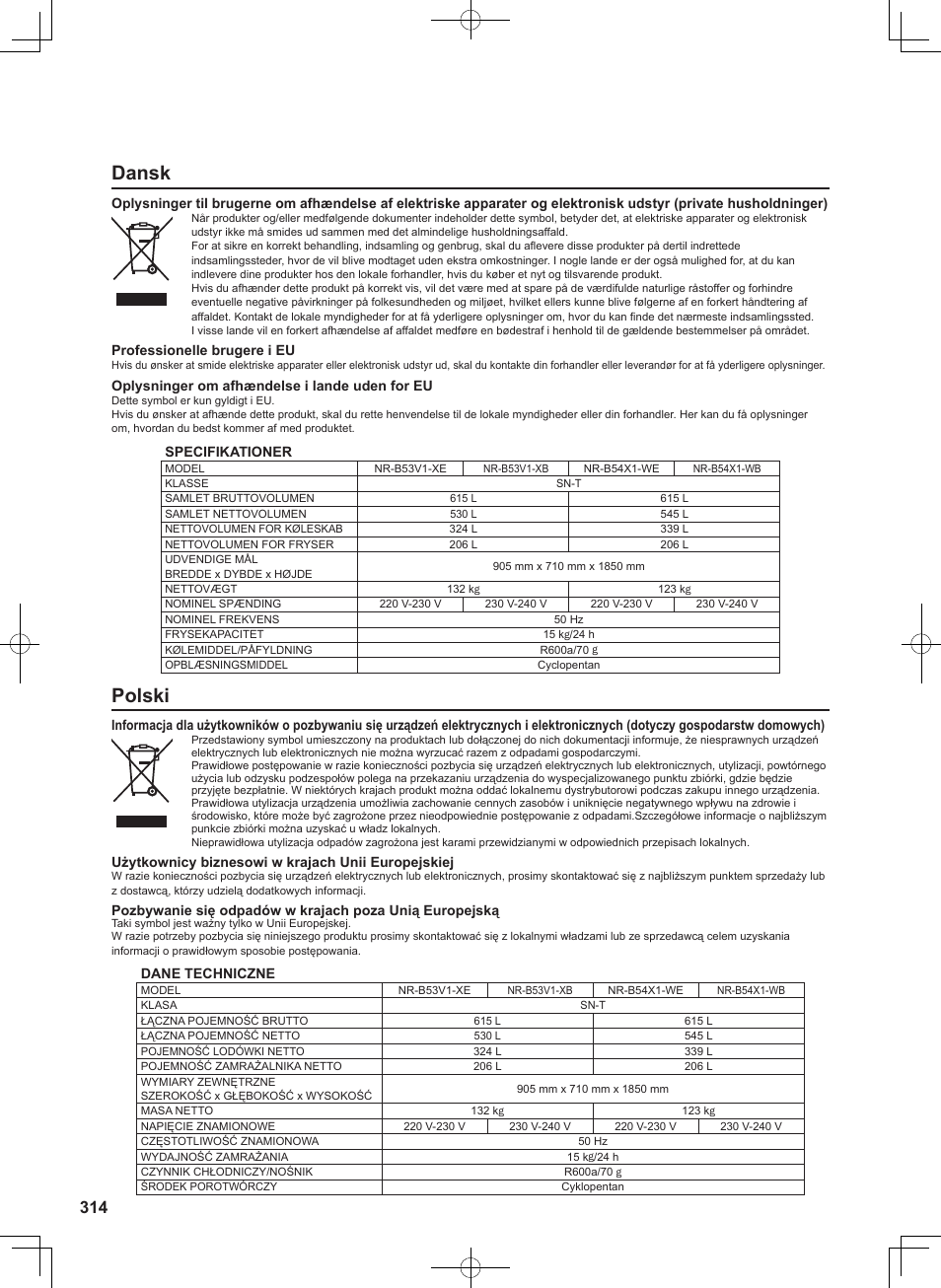Dansk, Polski | Panasonic NRB54X1 User Manual | Page 314 / 316