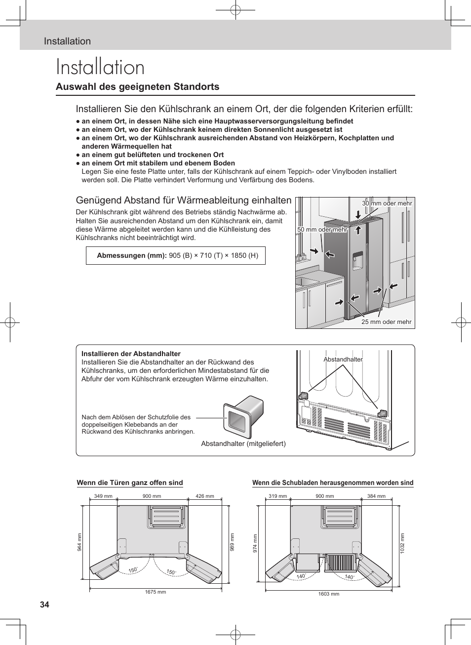 Installation, Genügend abstand für wärmeableitung einhalten | Panasonic NRB54X1 User Manual | Page 34 / 316