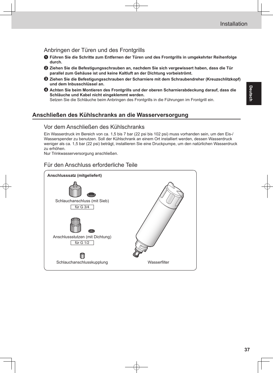 Installation, Anbringen der türen und des frontgrills, Für den anschluss erforderliche teile | Panasonic NRB54X1 User Manual | Page 37 / 316