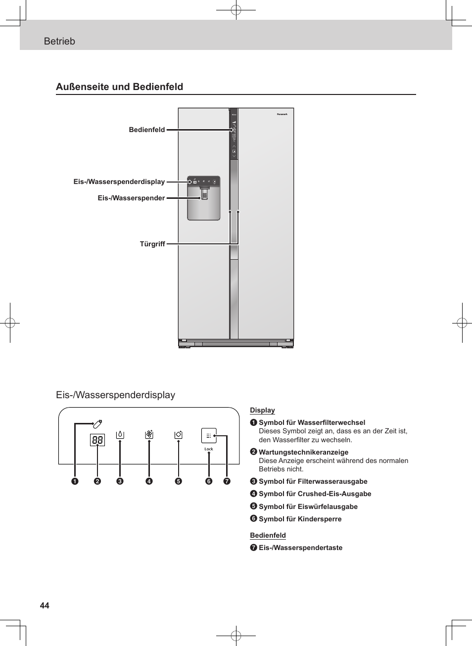 Betrieb eis-/wasserspenderdisplay, Außenseite und bedienfeld | Panasonic NRB54X1 User Manual | Page 44 / 316