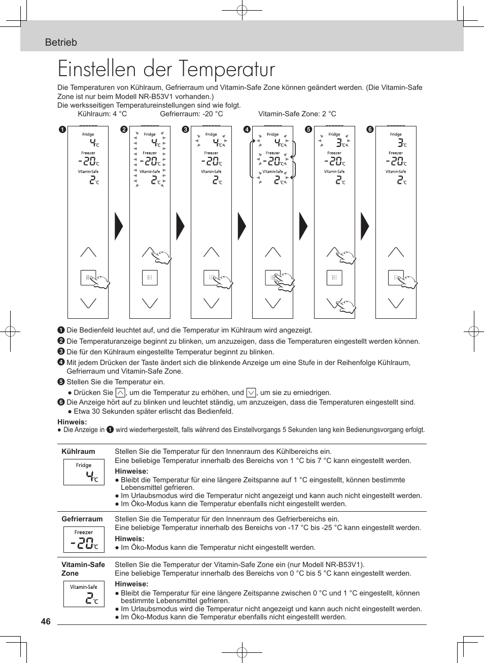 Einstellen der temperatur, Betrieb | Panasonic NRB54X1 User Manual | Page 46 / 316