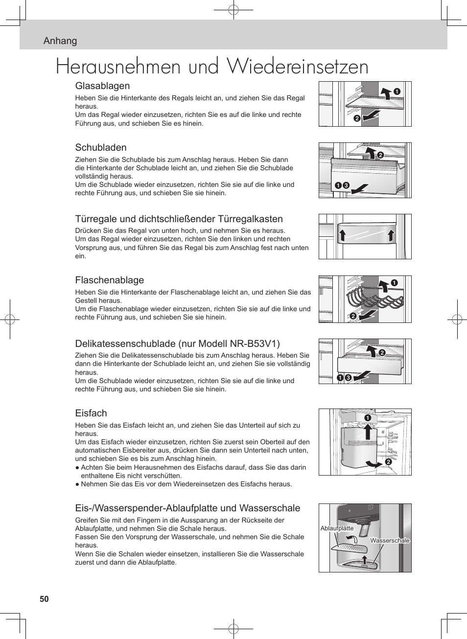 Herausnehmen und wiedereinsetzen, Anhang glasablagen, Schubladen | Türregale und dichtschließender türregalkasten, Flaschenablage, Delikatessenschublade (nur modell nr-b53v1), Eisfach, Eis-/wasserspender-ablaufplatte und wasserschale | Panasonic NRB54X1 User Manual | Page 50 / 316