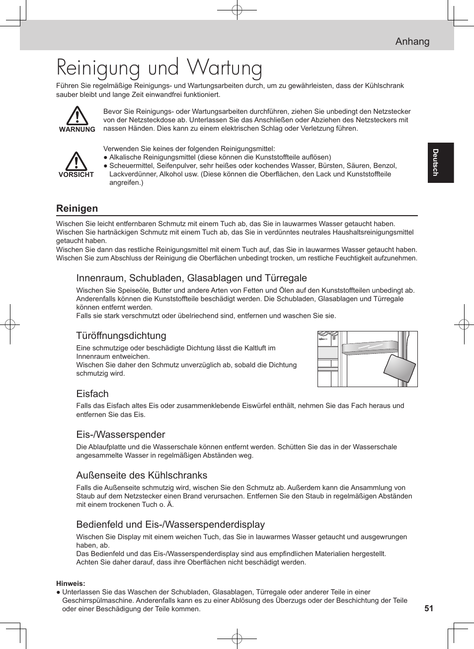 Reinigung und wartung, Anhang, Reinigen | Innenraum, schubladen, glasablagen und türregale, Türöffnungsdichtung, Eisfach, Eis-/wasserspender, Außenseite des kühlschranks, Bedienfeld und eis-/wasserspenderdisplay | Panasonic NRB54X1 User Manual | Page 51 / 316