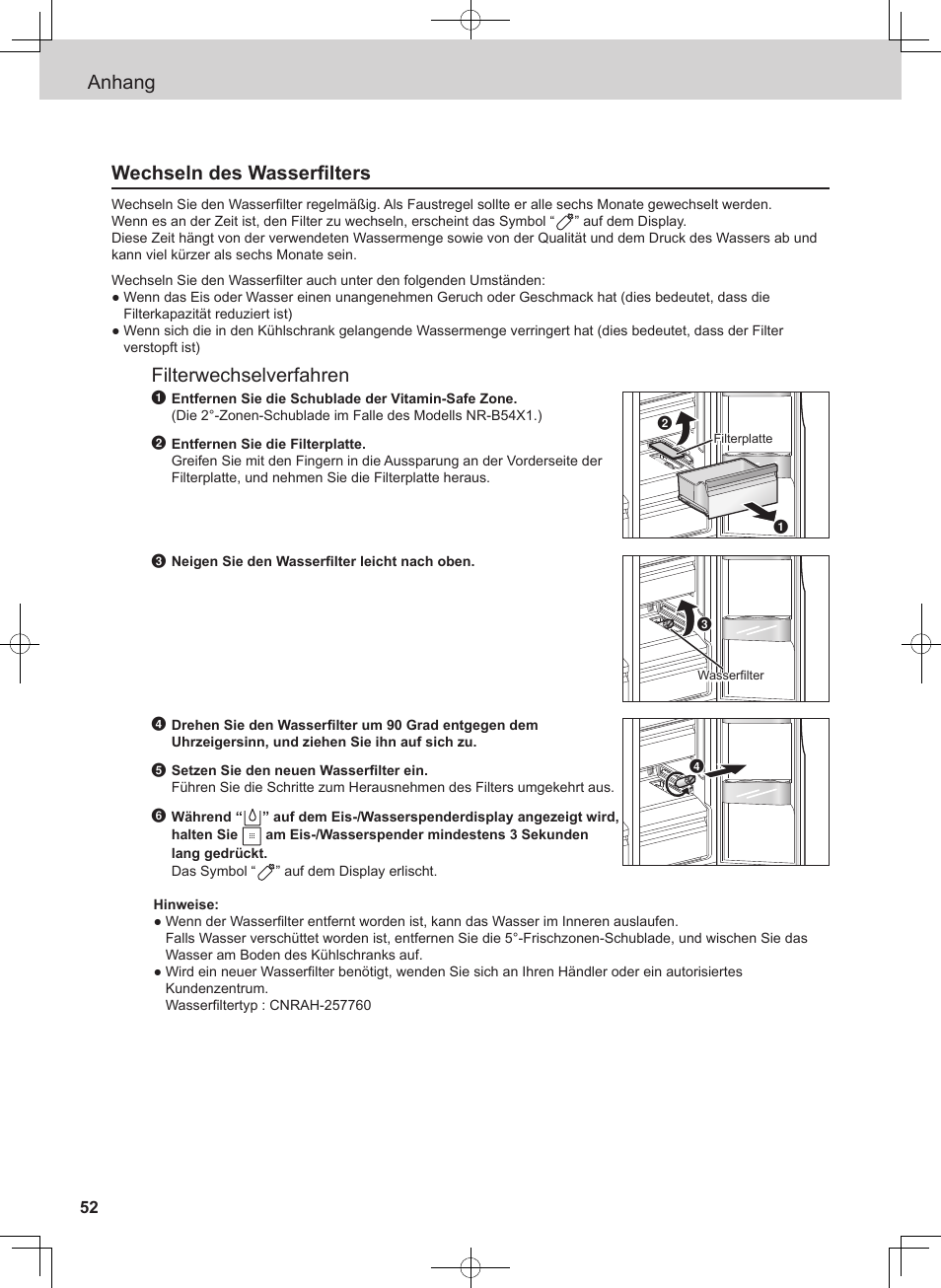 Anhang wechseln des wasserfilters, Filterwechselverfahren | Panasonic NRB54X1 User Manual | Page 52 / 316