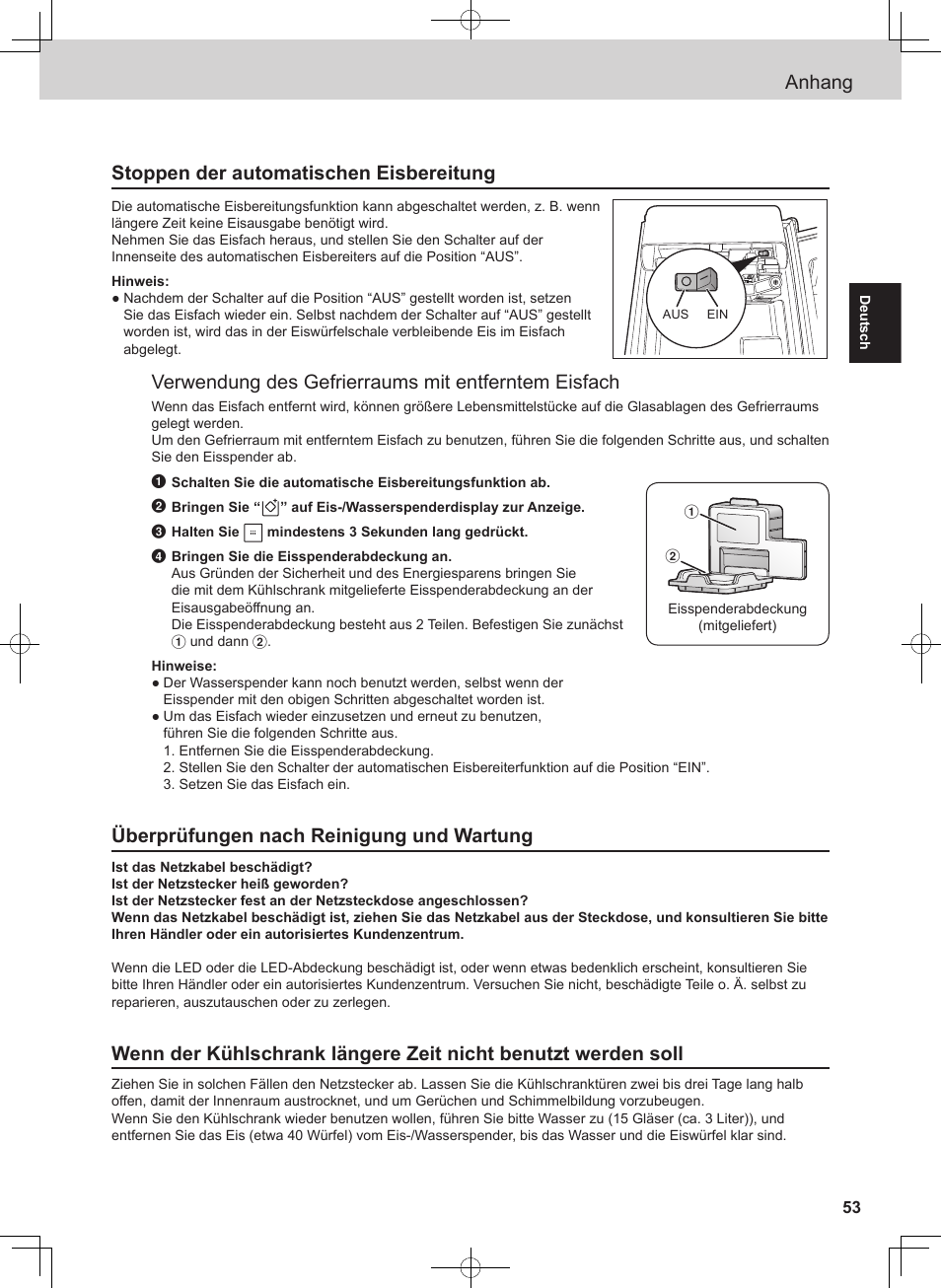 Anhang, Stoppen der automatischen eisbereitung, Verwendung des gefrierraums mit entferntem eisfach | Überprüfungen nach reinigung und wartung | Panasonic NRB54X1 User Manual | Page 53 / 316