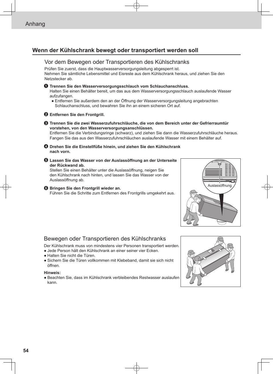 Bewegen oder transportieren des kühlschranks | Panasonic NRB54X1 User Manual | Page 54 / 316