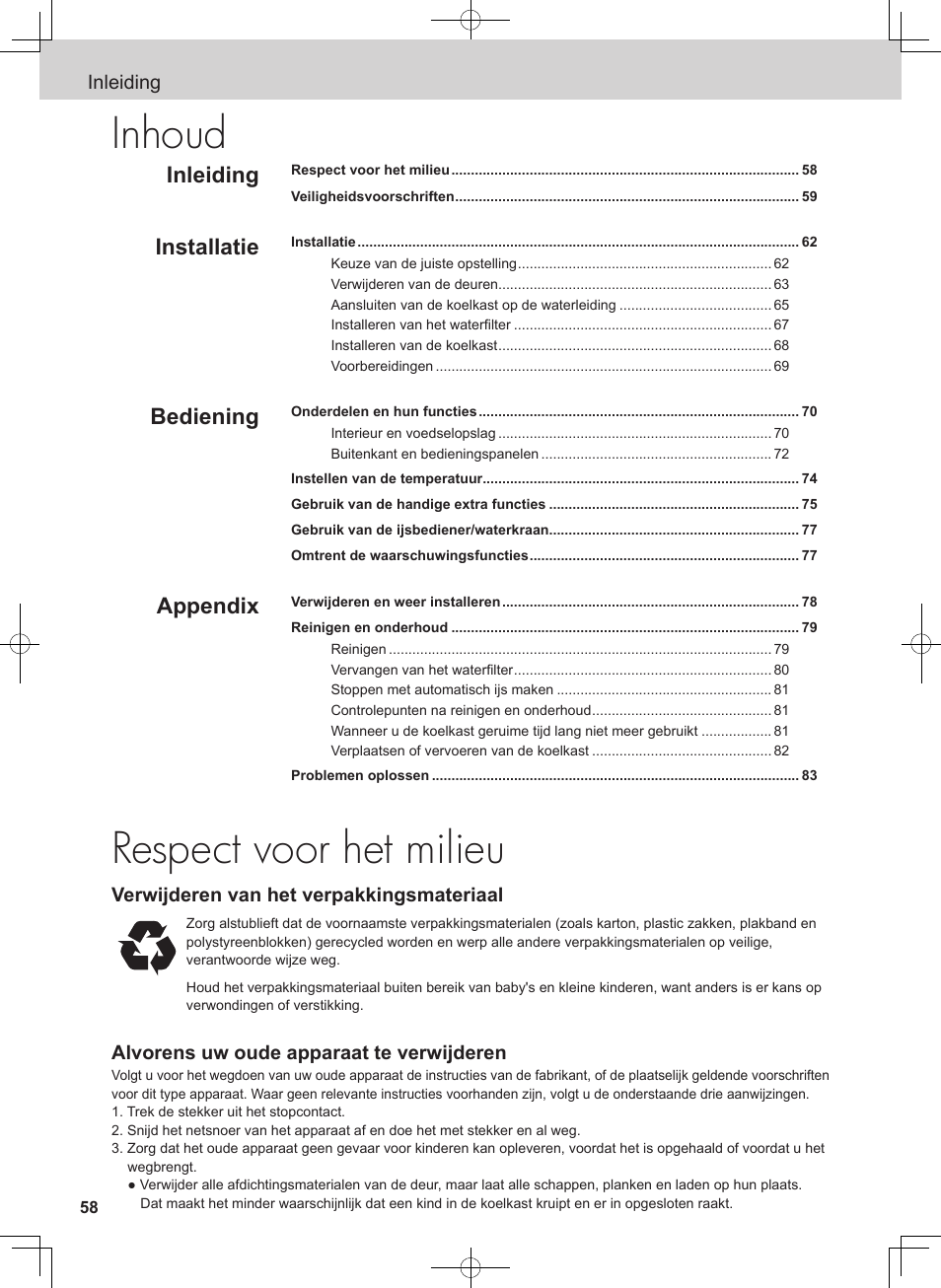 Respect voor het milieu, Inhoud, Inleiding | Installatie, Bediening, Appendix | Panasonic NRB54X1 User Manual | Page 58 / 316
