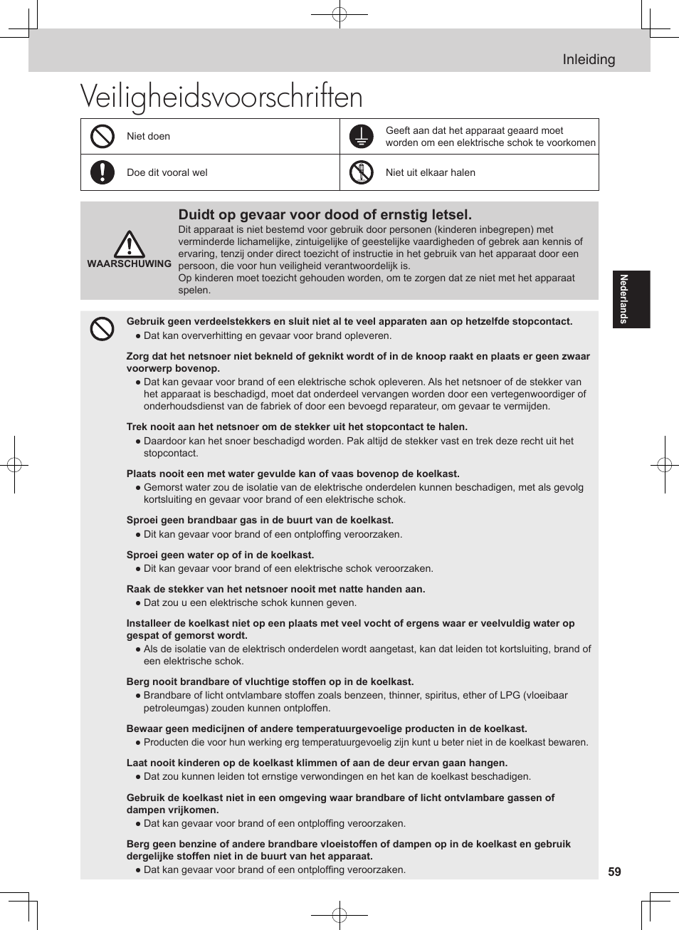 Veiligheidsvoorschriften, Inleiding, Duidt op gevaar voor dood of ernstig letsel | Panasonic NRB54X1 User Manual | Page 59 / 316