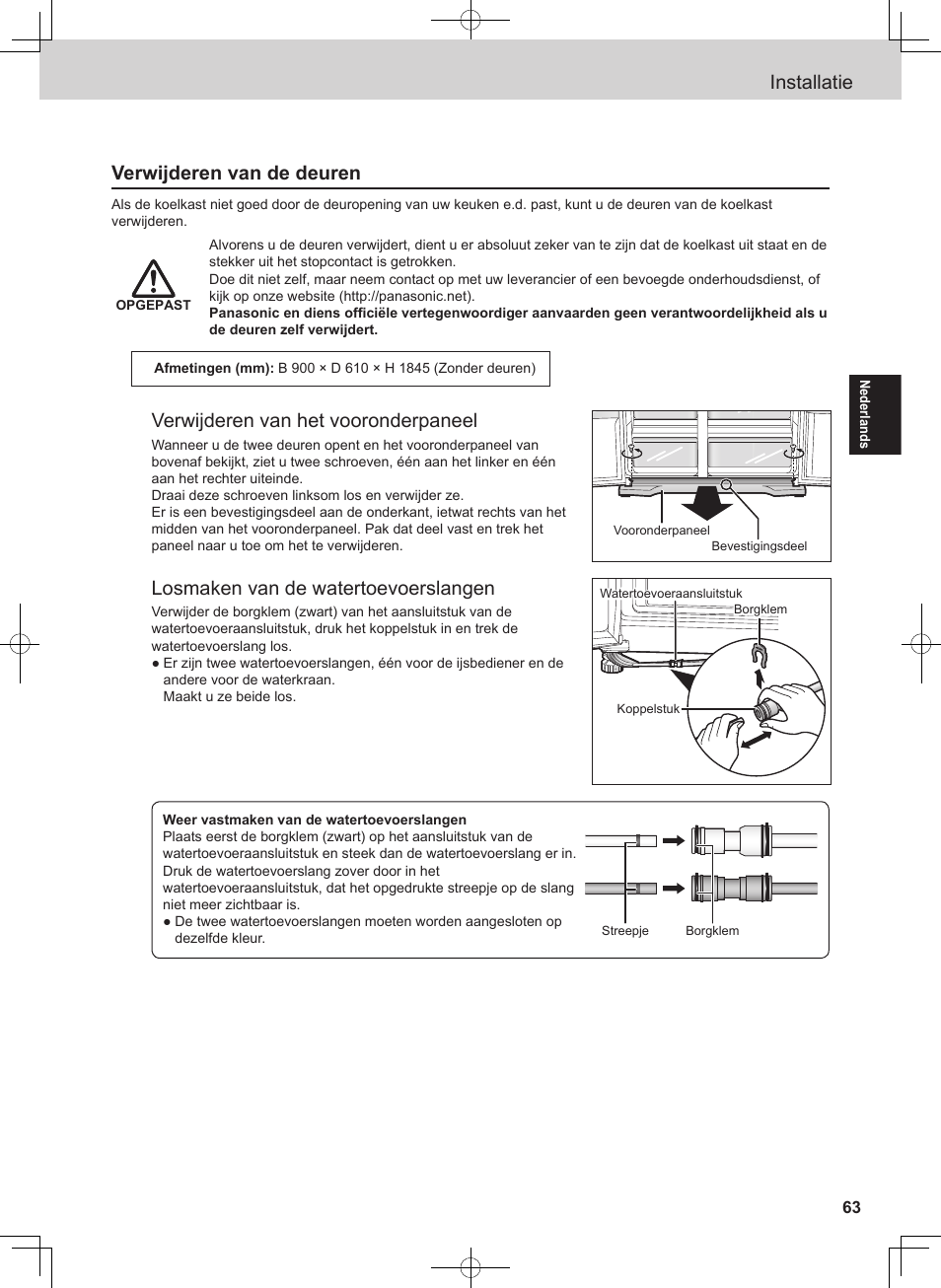 Installatie, Verwijderen van de deuren, Verwijderen van het vooronderpaneel | Losmaken van de watertoevoerslangen | Panasonic NRB54X1 User Manual | Page 63 / 316