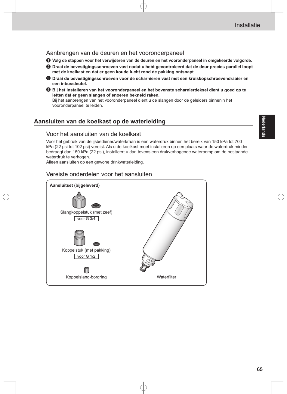 Installatie, Aanbrengen van de deuren en het vooronderpaneel, Vereiste onderdelen voor het aansluiten | Panasonic NRB54X1 User Manual | Page 65 / 316