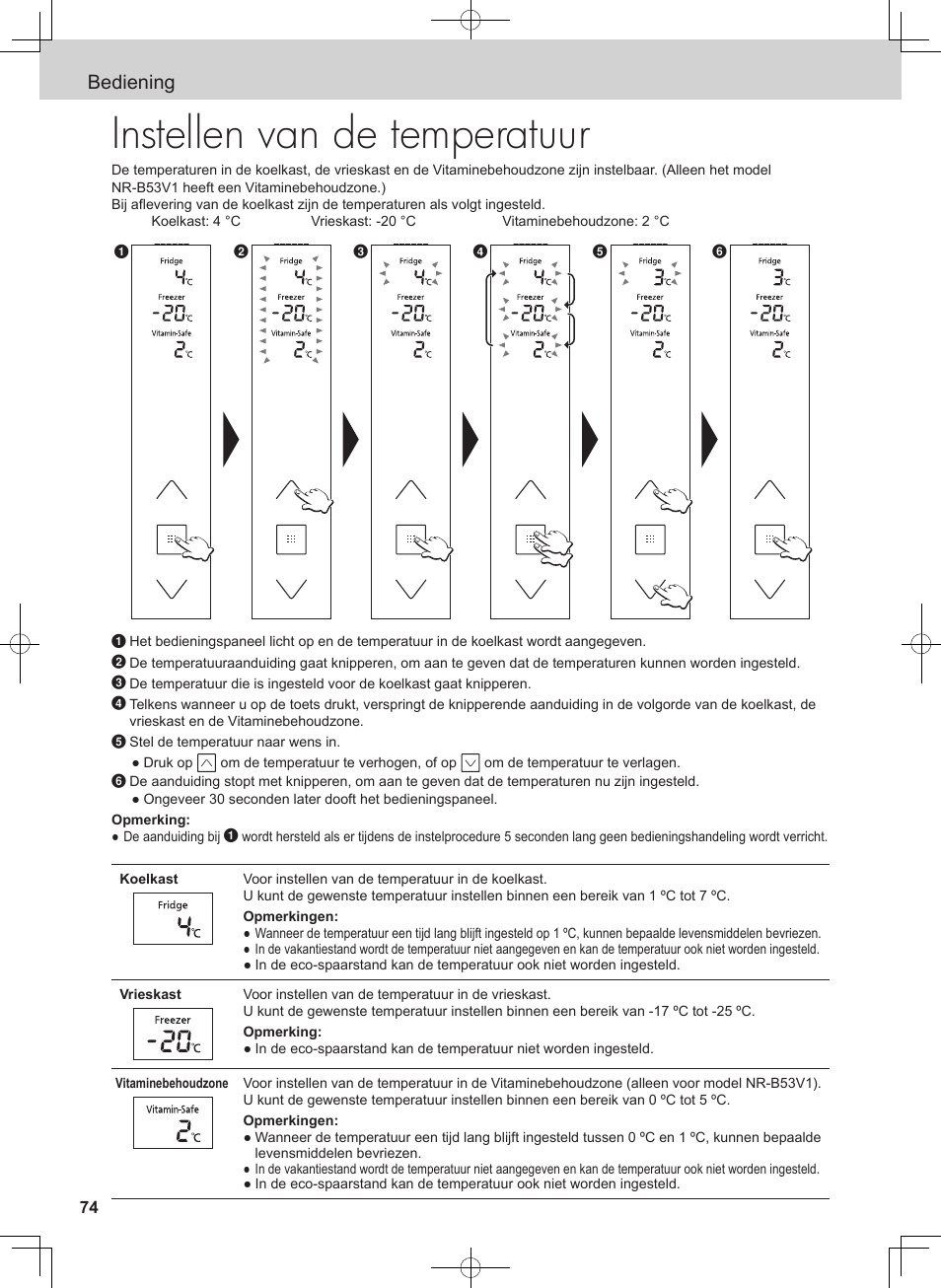 Instellen van de temperatuur, Bediening | Panasonic NRB54X1 User Manual | Page 74 / 316