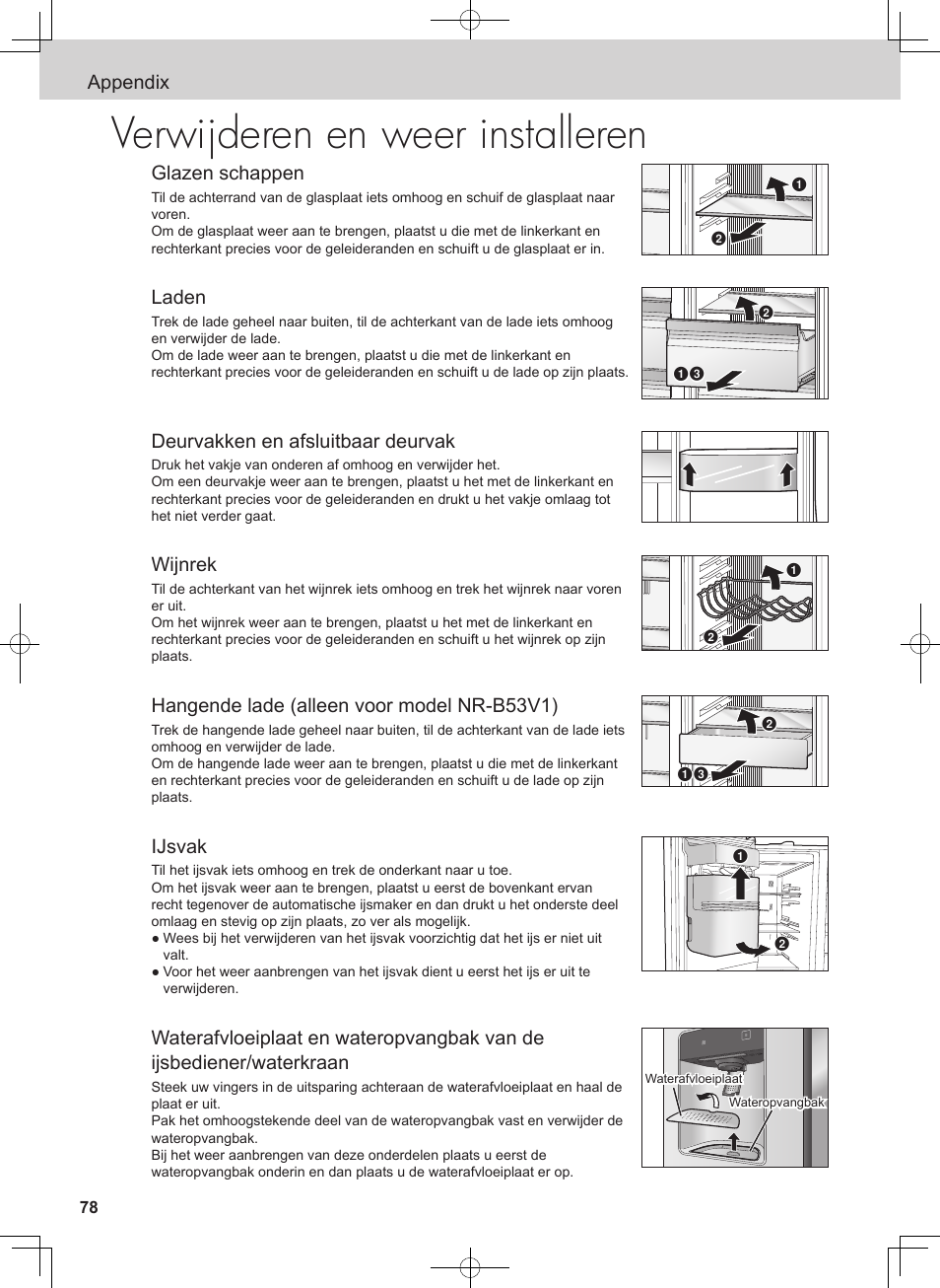 Verwijderen en weer installeren, Appendix glazen schappen, Laden | Deurvakken en afsluitbaar deurvak, Wijnrek, Hangende lade (alleen voor model nr-b53v1), Ijsvak | Panasonic NRB54X1 User Manual | Page 78 / 316