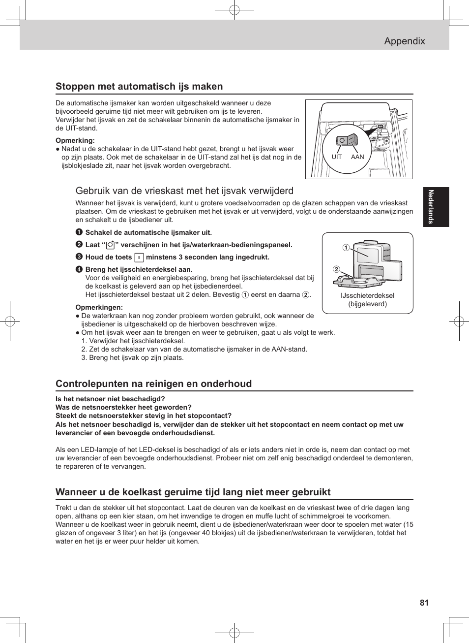 Appendix, Stoppen met automatisch ijs maken, Gebruik van de vrieskast met het ijsvak verwijderd | Controlepunten na reinigen en onderhoud | Panasonic NRB54X1 User Manual | Page 81 / 316