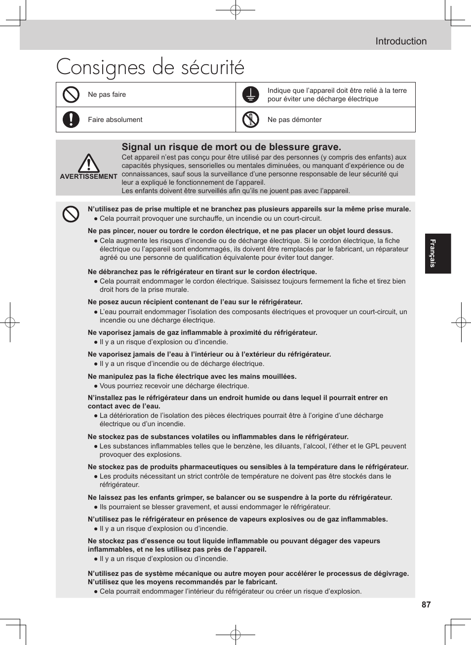 Consignes de sécurité, Introduction, Signal un risque de mort ou de blessure grave | Panasonic NRB54X1 User Manual | Page 87 / 316