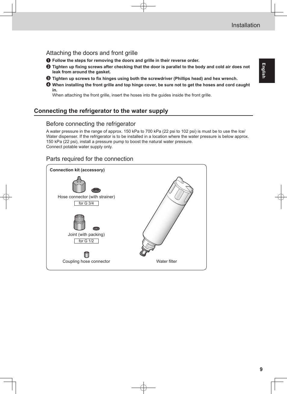 Installation attaching the doors and front grille, Parts required for the connection | Panasonic NRB54X1 User Manual | Page 9 / 316