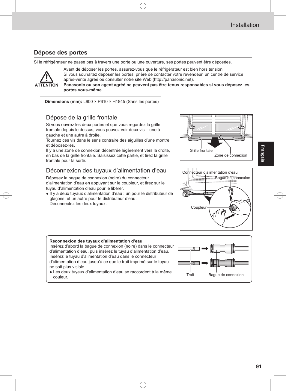 Installation, Dépose des portes, Dépose de la grille frontale | Déconnexion des tuyaux d’alimentation d’eau | Panasonic NRB54X1 User Manual | Page 91 / 316