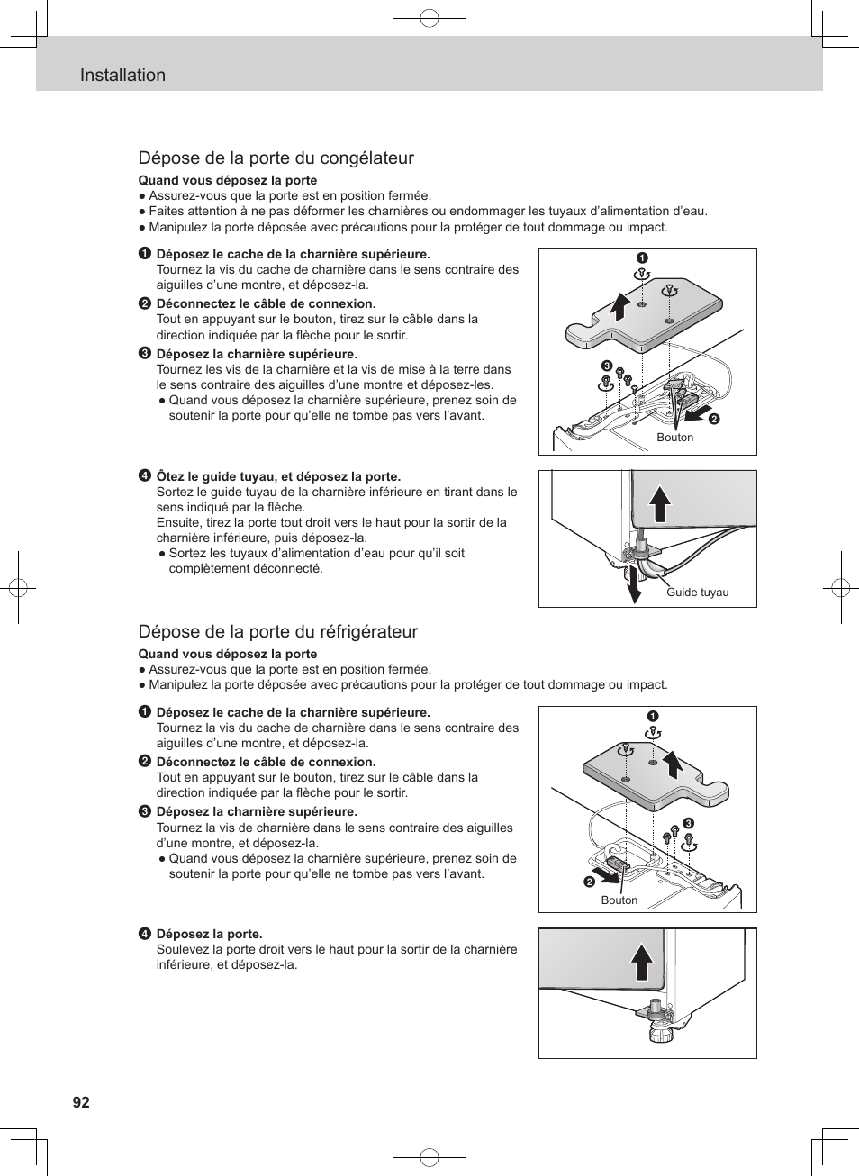 Installation dépose de la porte du congélateur, Dépose de la porte du réfrigérateur | Panasonic NRB54X1 User Manual | Page 92 / 316