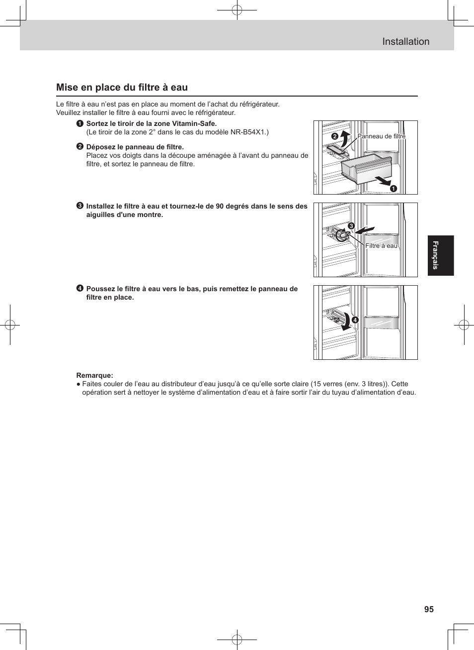 Installation, Mise en place du filtre à eau | Panasonic NRB54X1 User Manual | Page 95 / 316