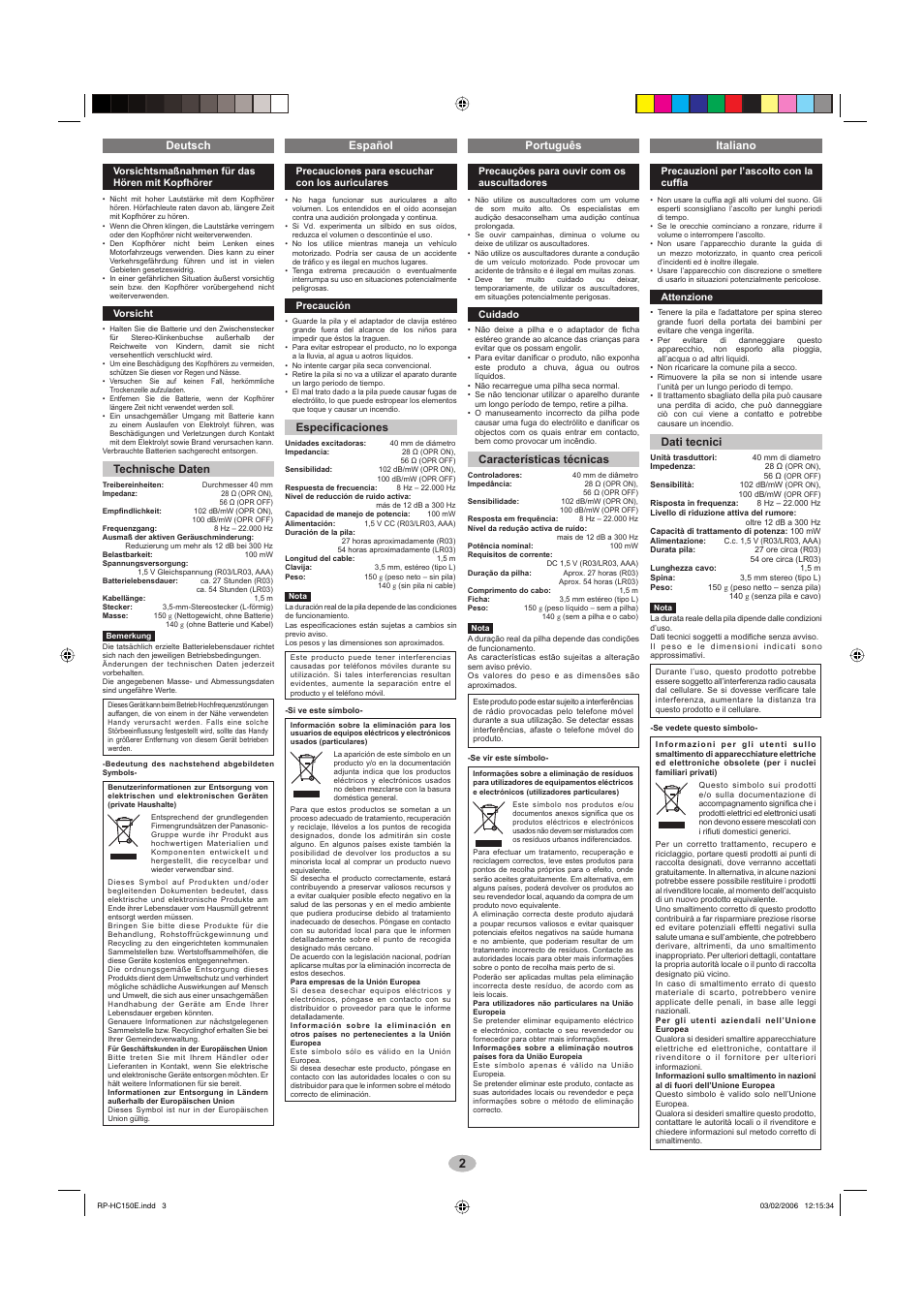 Deutsch español português italiano, Technische daten, Especifi caciones | Características técnicas, Dati tecnici | Panasonic RPHC150 User Manual | Page 2 / 8