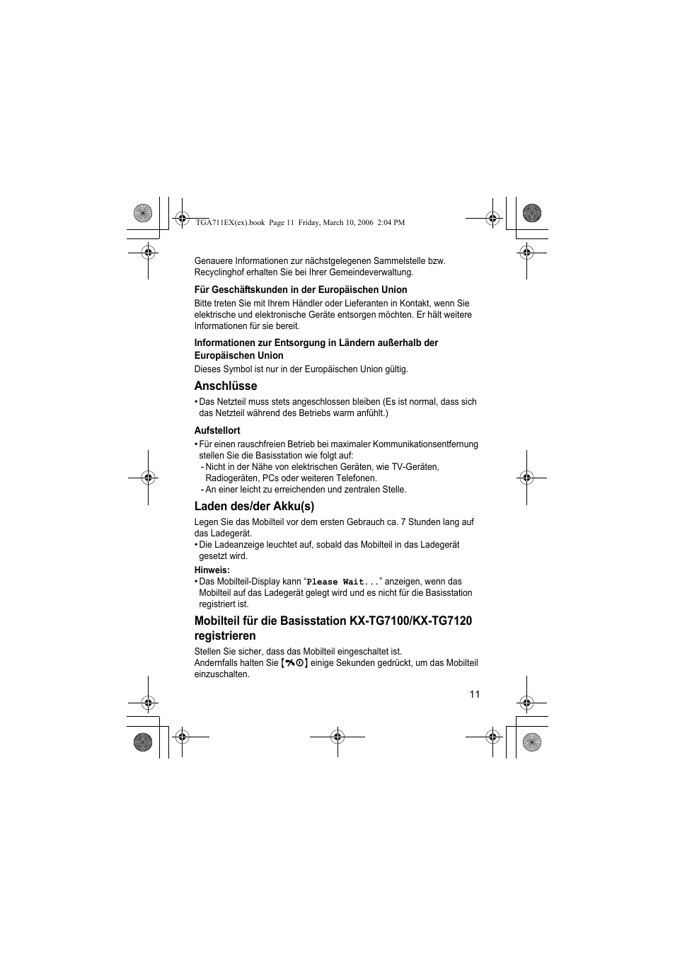 Für geschäftskunden in der europäischen union, Anschlüsse, Aufstellort | Laden des/der akku(s), Hinweis | Panasonic KXTGA711EX User Manual | Page 11 / 76