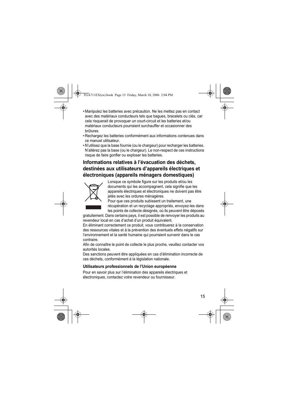 Utilisateurs professionnels de l’union européenne | Panasonic KXTGA711EX User Manual | Page 15 / 76