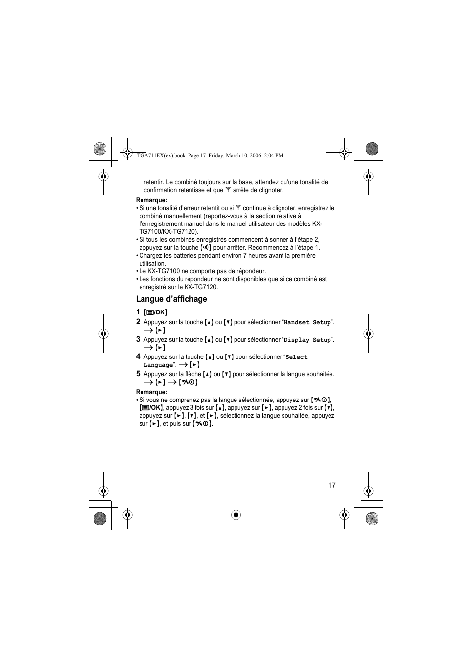 Remarque, Langue d’affichage, 1 {j/ok | Panasonic KXTGA711EX User Manual | Page 17 / 76