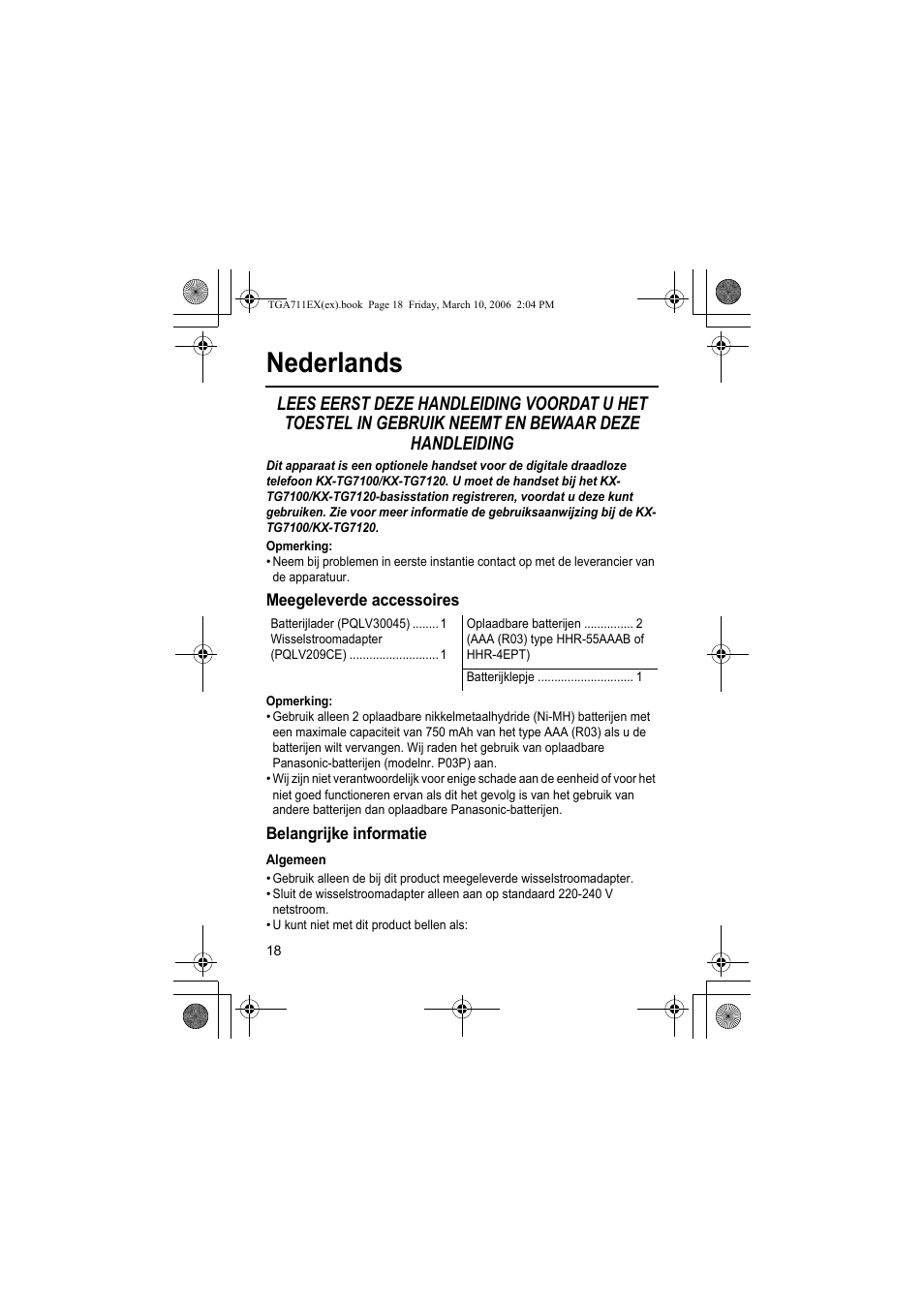 Nederlands, Opmerking, Meegeleverde accessoires | Belangrijke informatie, Algemeen | Panasonic KXTGA711EX User Manual | Page 18 / 76