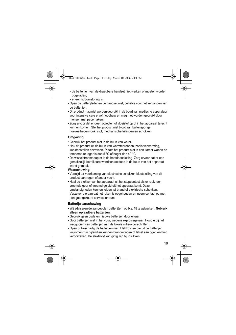Omgeving, Batterijwaarschuwing | Panasonic KXTGA711EX User Manual | Page 19 / 76