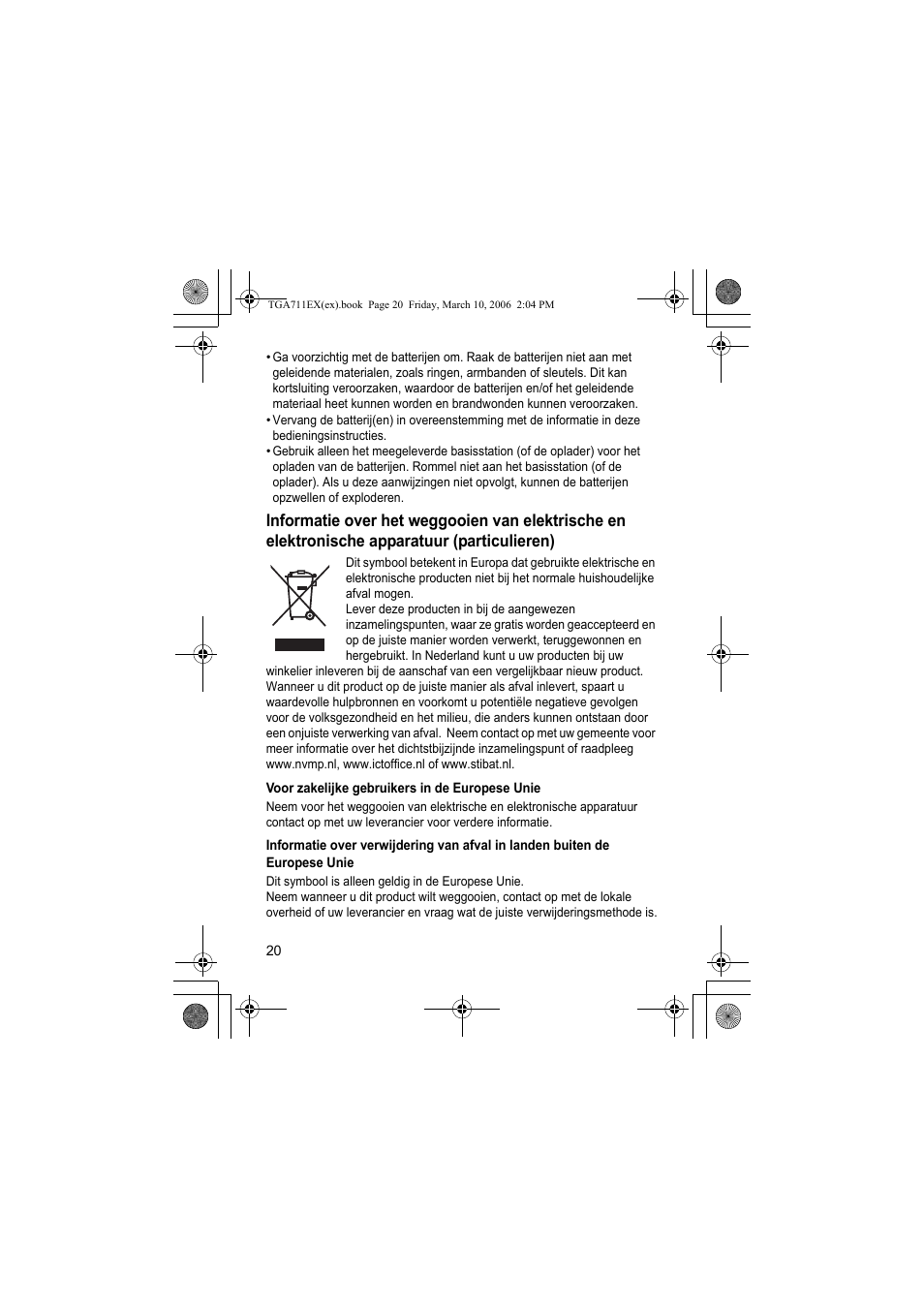 Voor zakelijke gebruikers in de europese unie | Panasonic KXTGA711EX User Manual | Page 20 / 76