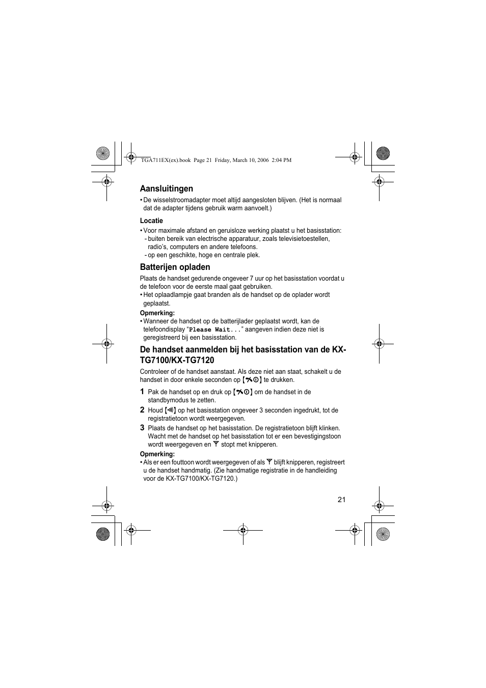 Aansluitingen, Locatie, Batterijen opladen | Opmerking | Panasonic KXTGA711EX User Manual | Page 21 / 76