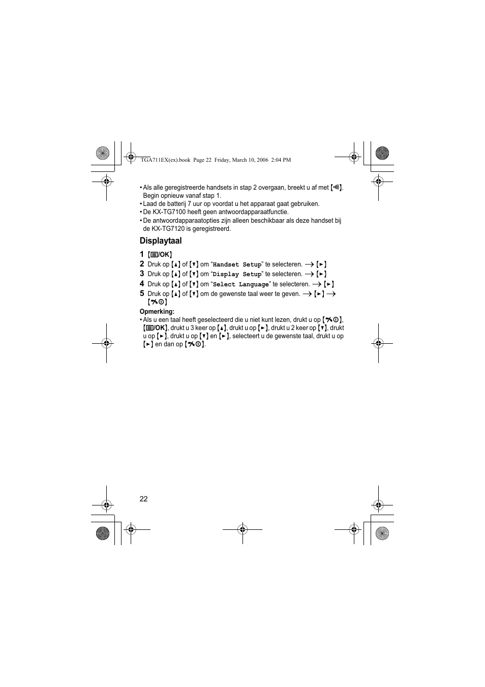 Displaytaal, 1 {j/ok, Opmerking | Panasonic KXTGA711EX User Manual | Page 22 / 76