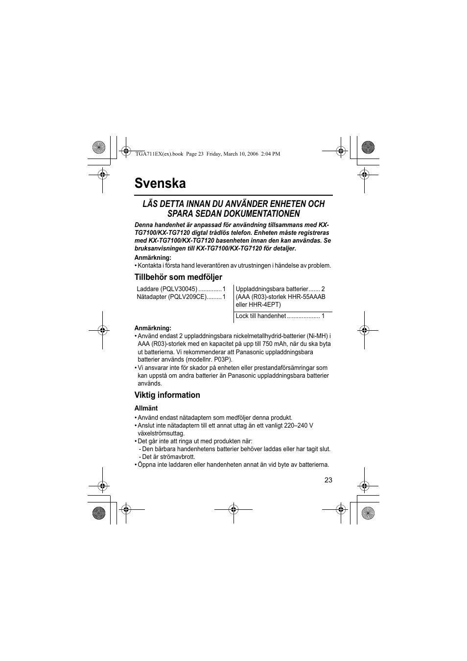 Svenska, Anmärkning, Tillbehör som medföljer | Viktig information, Allmänt | Panasonic KXTGA711EX User Manual | Page 23 / 76