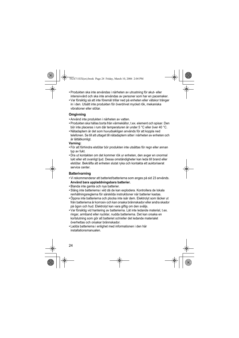 Omgivning, Batterivarning | Panasonic KXTGA711EX User Manual | Page 24 / 76