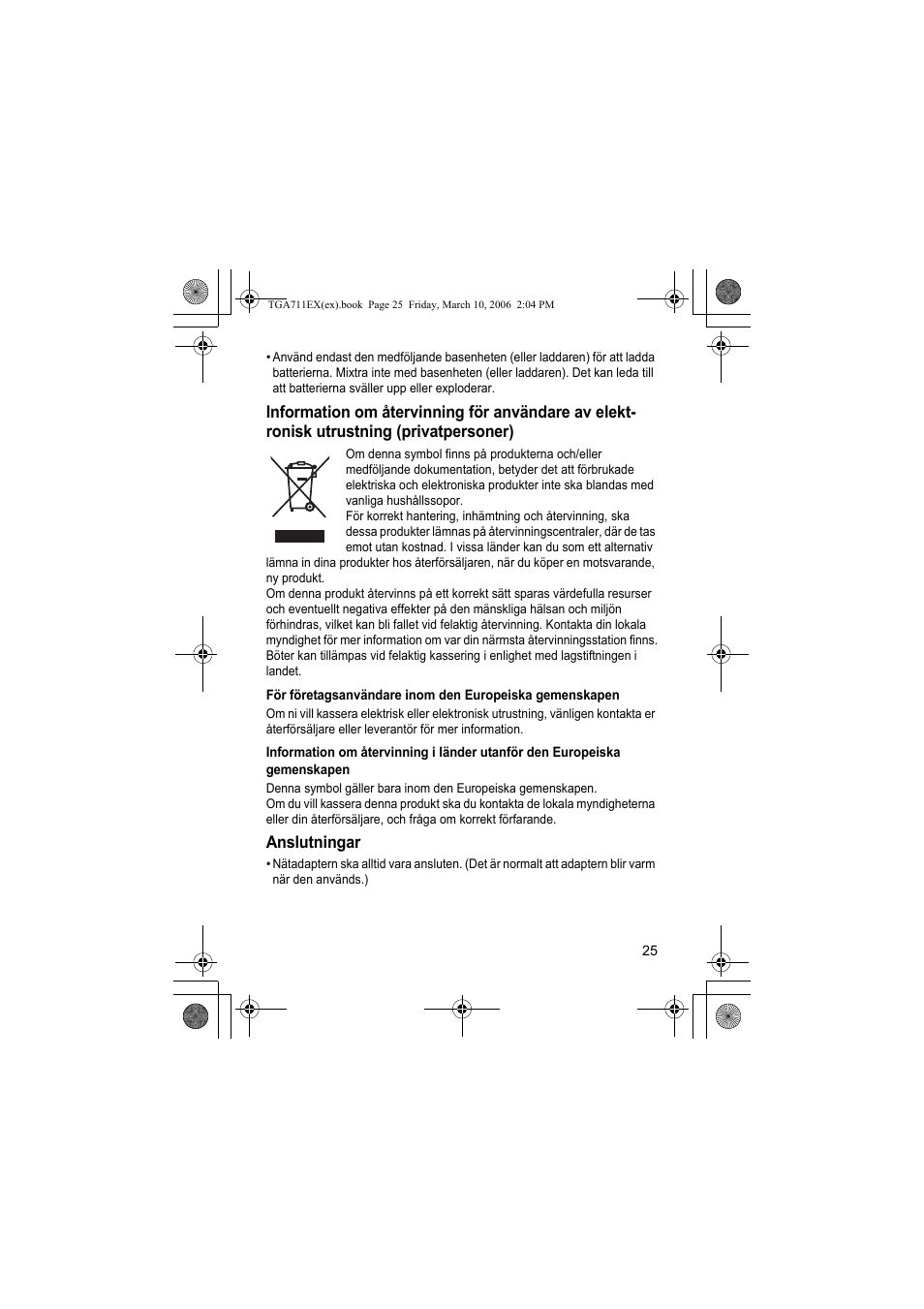 Anslutningar | Panasonic KXTGA711EX User Manual | Page 25 / 76