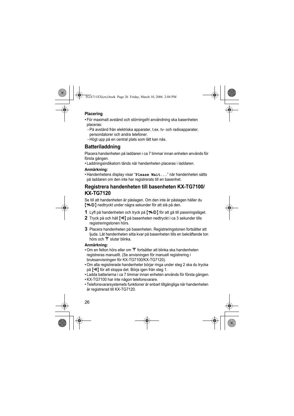 Placering, Batteriladdning, Anmärkning | Panasonic KXTGA711EX User Manual | Page 26 / 76