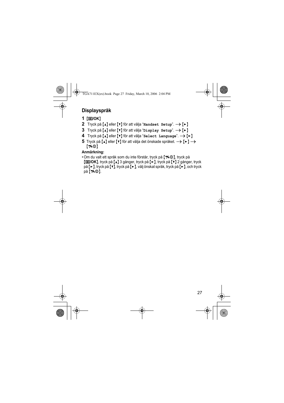 Displayspråk, 1 {j/ok, Anmärkning | Panasonic KXTGA711EX User Manual | Page 27 / 76