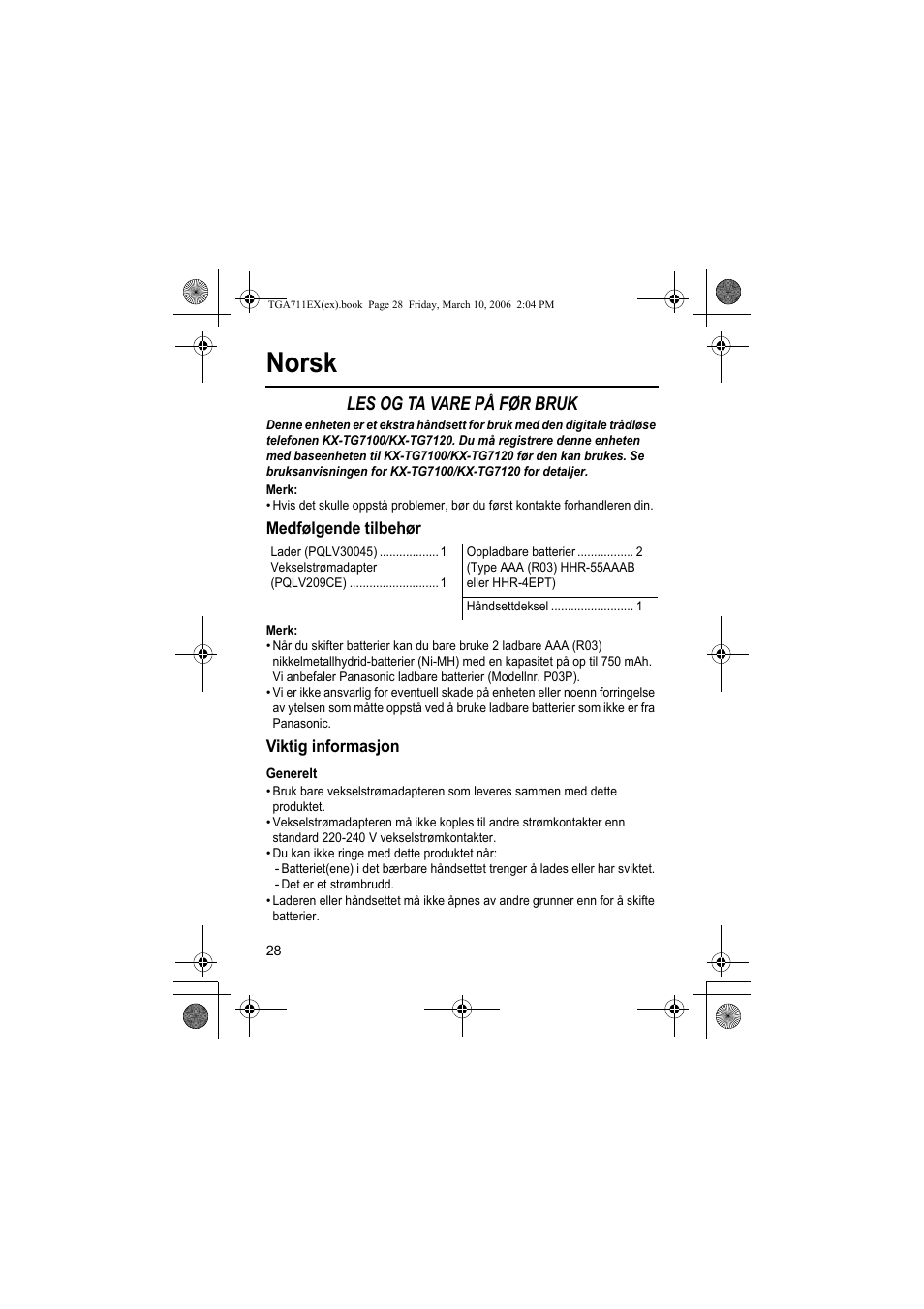 Norsk, Les og ta vare på før bruk, Merk | Medfølgende tilbehør, Viktig informasjon, Generelt | Panasonic KXTGA711EX User Manual | Page 28 / 76