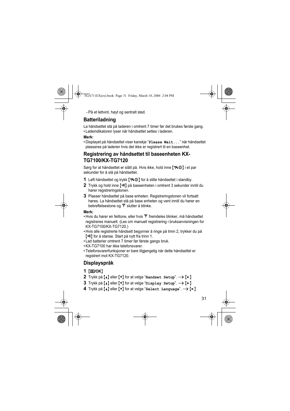 Batteriladning, Merk, Displayspråk | 1 {j/ok | Panasonic KXTGA711EX User Manual | Page 31 / 76