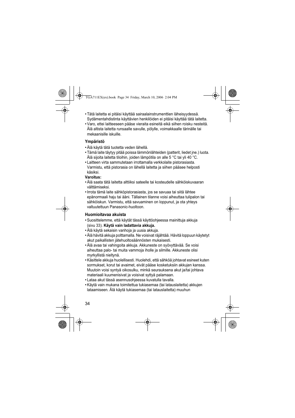 Ympäristö, Huomioitavaa akuista | Panasonic KXTGA711EX User Manual | Page 34 / 76