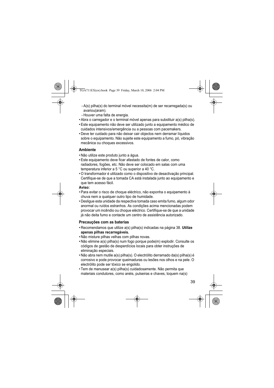 Ambiente, Precauções com as baterias | Panasonic KXTGA711EX User Manual | Page 39 / 76