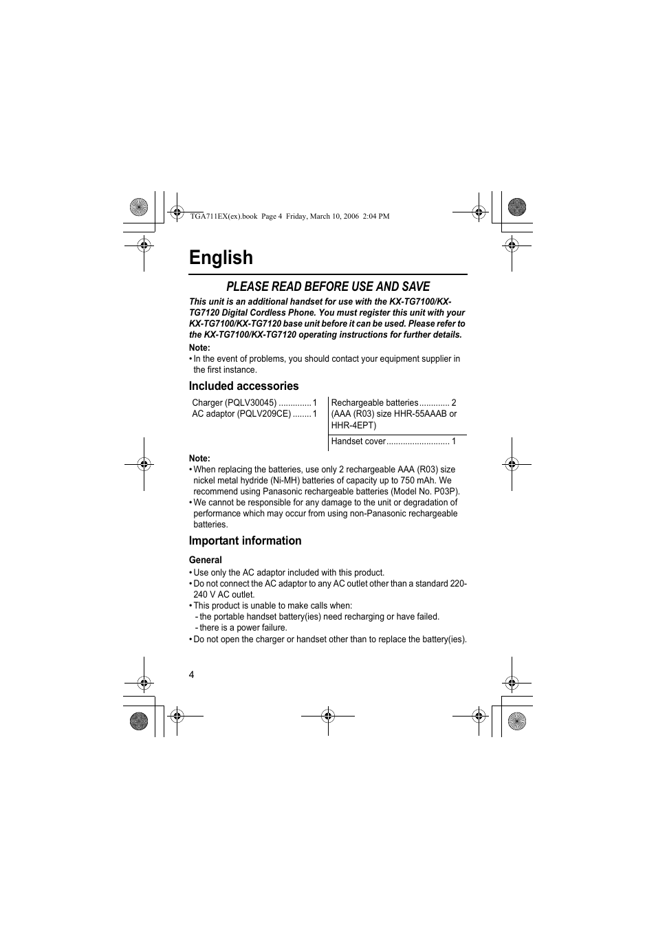 English, Please read before use and save, Note | Included accessories, Important information, General | Panasonic KXTGA711EX User Manual | Page 4 / 76