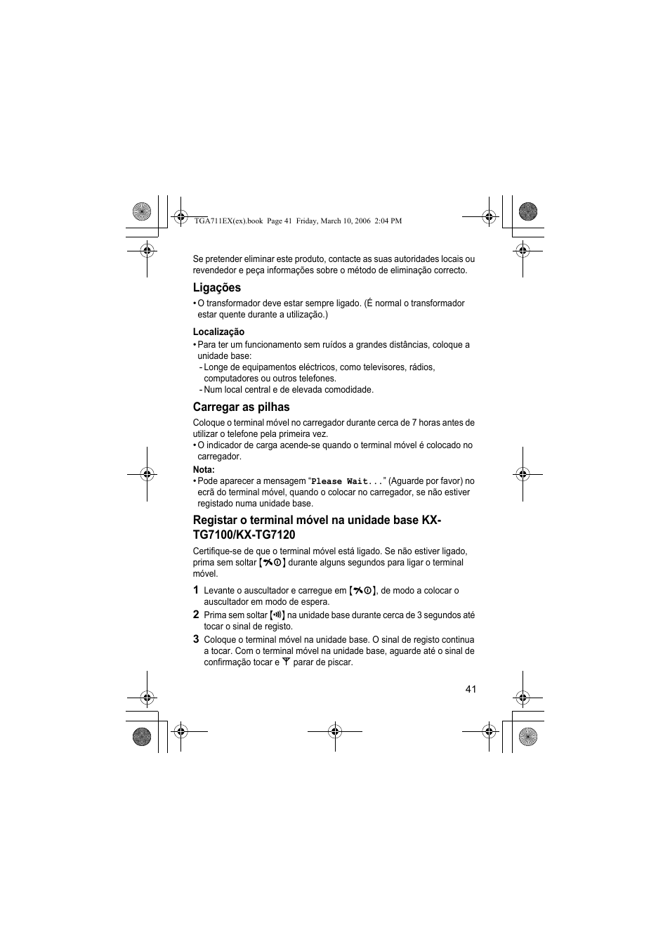 Ligações, Localização, Carregar as pilhas | Nota | Panasonic KXTGA711EX User Manual | Page 41 / 76