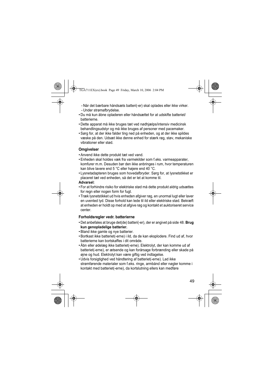 Omgivelser, Forholdsregler vedr. batterierne | Panasonic KXTGA711EX User Manual | Page 49 / 76