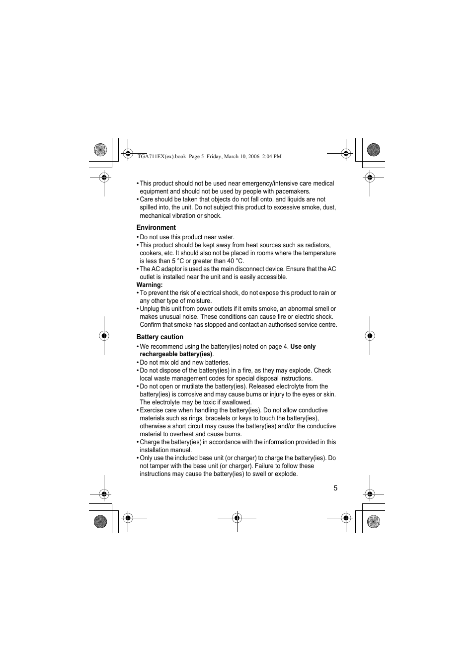 Environment, Battery caution | Panasonic KXTGA711EX User Manual | Page 5 / 76